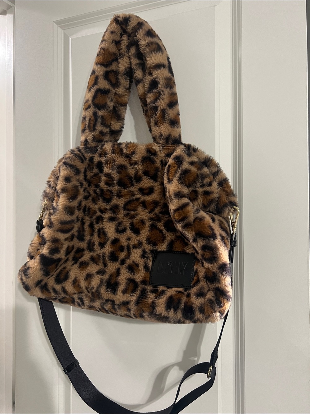 DKNY Leopard Print Faux Fur Shoulder Bag - Brown & Black - Picture 2 of 6